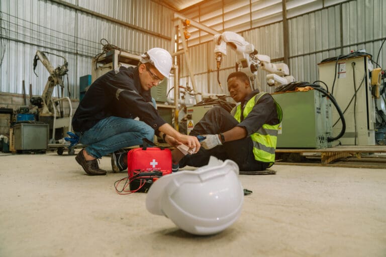 Worker giving first aid to staff suffering an injury.