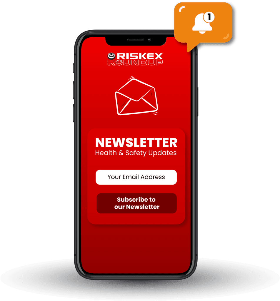 A mobile phone displaying an illustration of the sign up process for Riskex's Health and Safety eNewsletter.