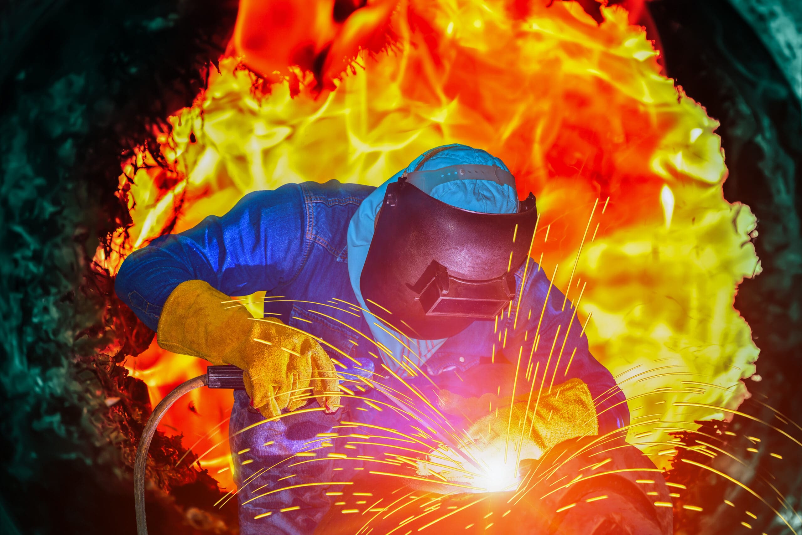 A welder wearing a blue welder's outfit and yellow gloves welding and a large bright fire behind them.