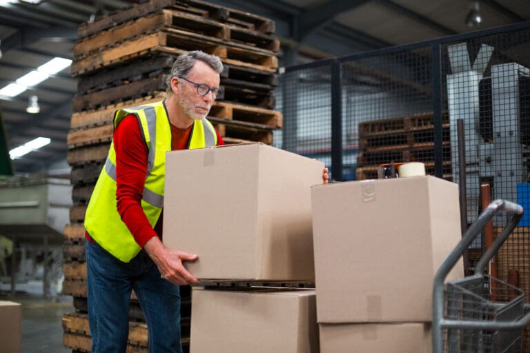 Factory worker loading cardboard boxes on trolley