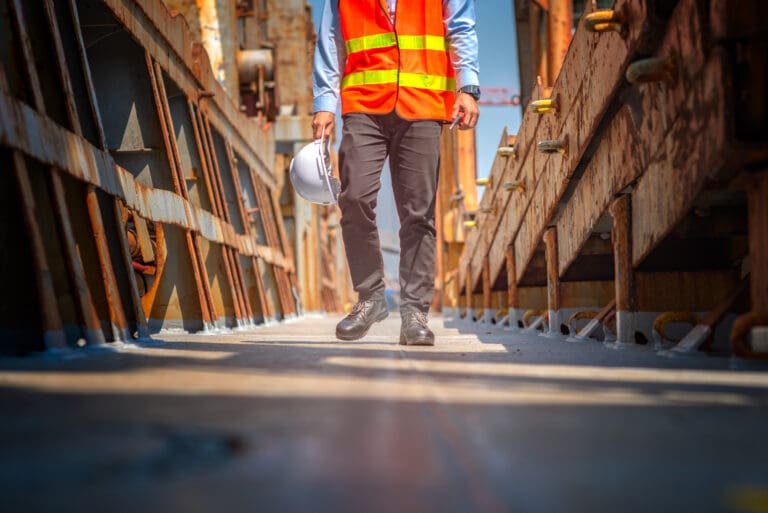 worker in ppe walking on building construction site.