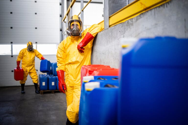 Worker in a yellow hazmat suit leaning against a wall in a warehouse with chemical barrells.