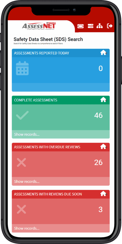 Mobile phone with a screenshot of the COSSH/ SDS software module in AssessNET.