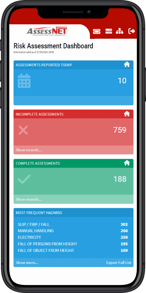 Mobile phone with a screenshot of the Risk Assessment software module in AssessNET.