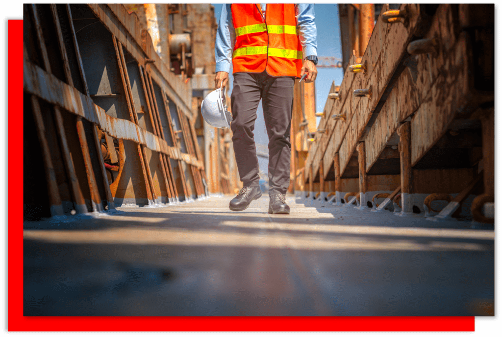 A worker wearing a hi vis vest walking toward the camera on a construction site