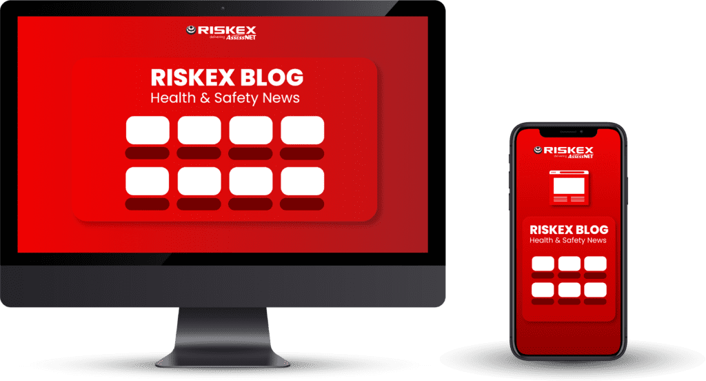 A laptop and a mobile with illustrative screenshots of the Riskex health and safety blog.