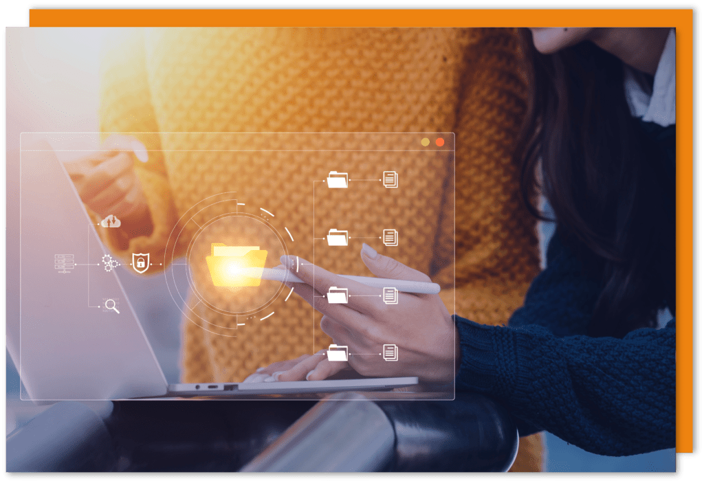 A illustration of files being stored in a document with an image of a person on a laptop and a mobile phone in the background.