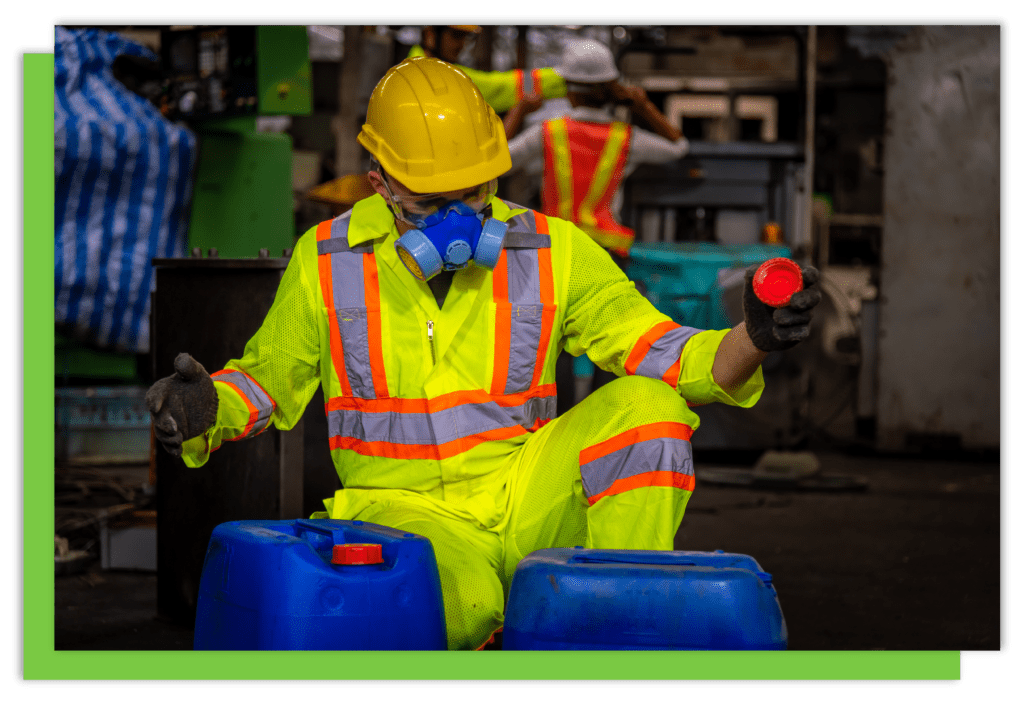 A worker wearing a blue mask, yellow hard hat and hi vis suits handling chemical barrels.