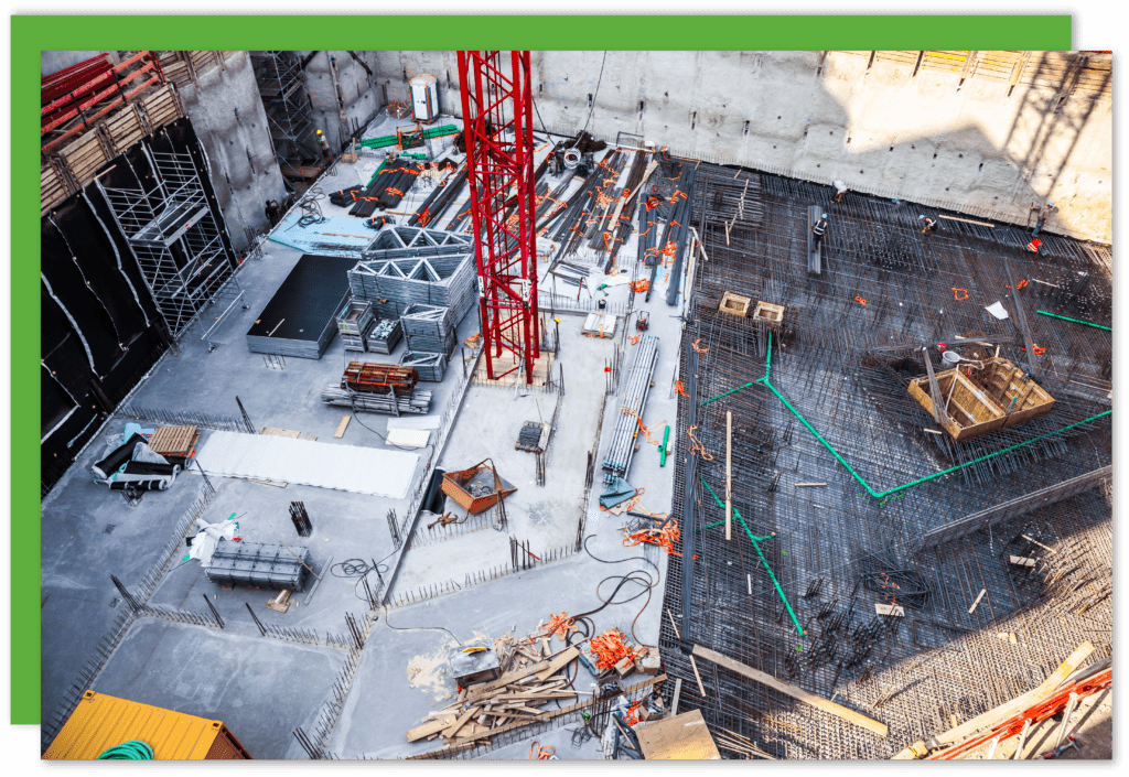 An overhead view of a construction site.