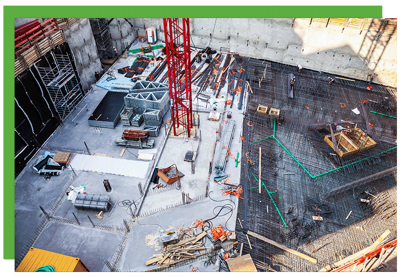 An overhead view of a construction site.