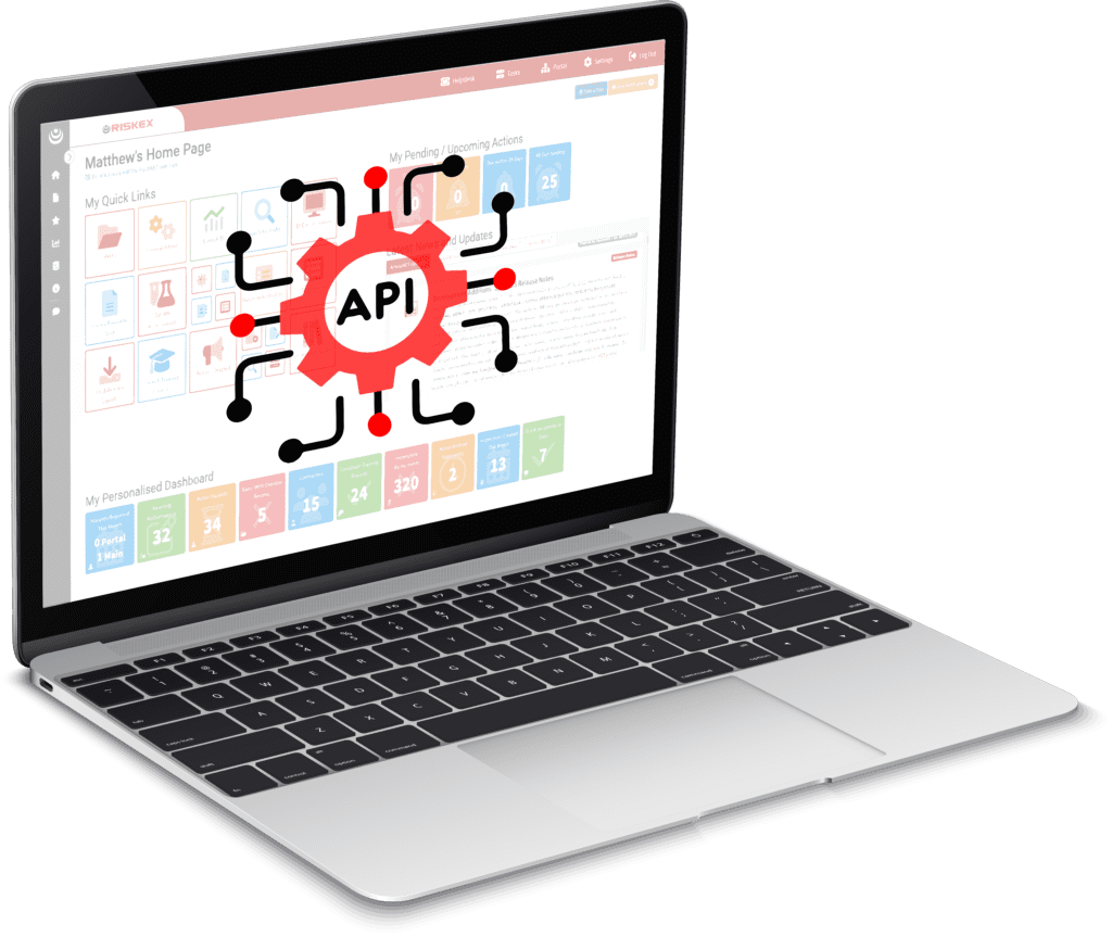 A laptop with a screenshot of the AssessNET homepage with an illustration on API in the forefront.