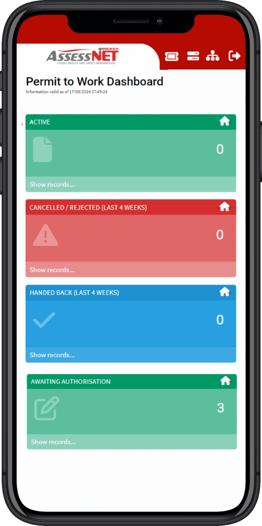 Mobile phone with a screenshot of the Permit to Work software module in AssessNET.