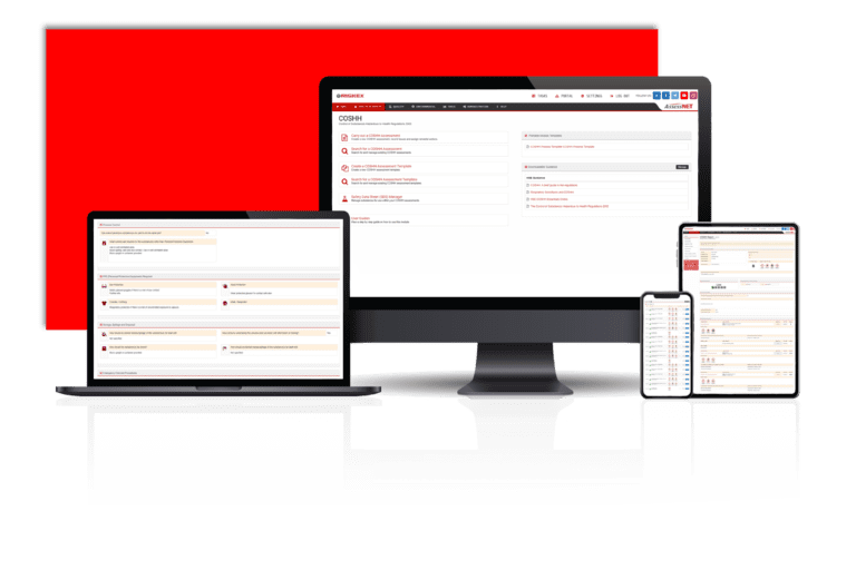 A laptop, computer, tablet and Mobile phone all with a screenshot of the CoSSH software module in AssessNET.