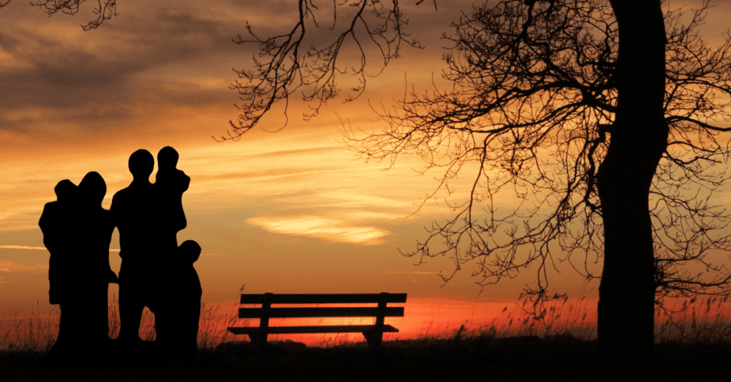 silhouette of a family in the sunset with a bench and a tree.