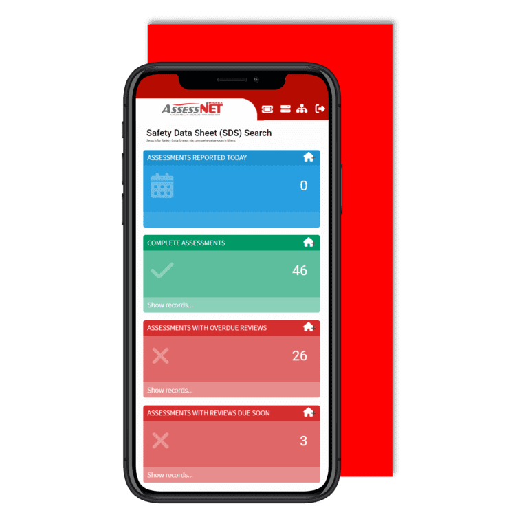 Mobile phone with a screenshot of the CoSSH/SDS software module in AssessNET.