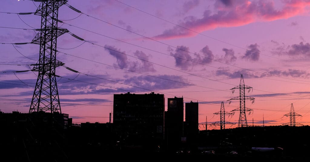 Power lines in a sunset.