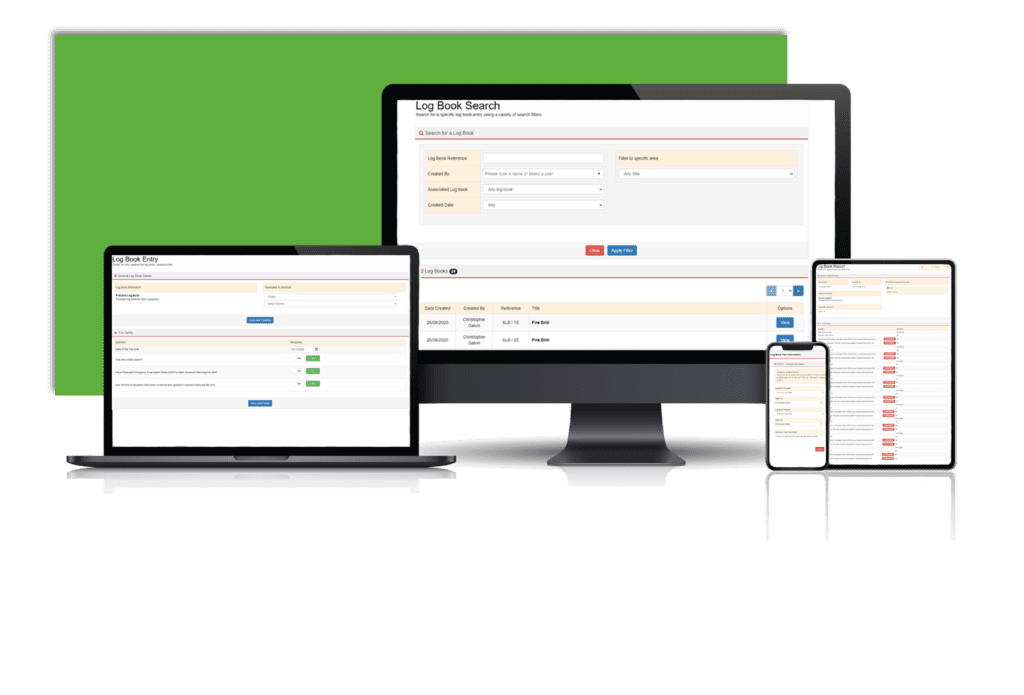 A laptop, computer, tablet and Mobile phone all with a screenshot of the Logbook software module in AssessNET.