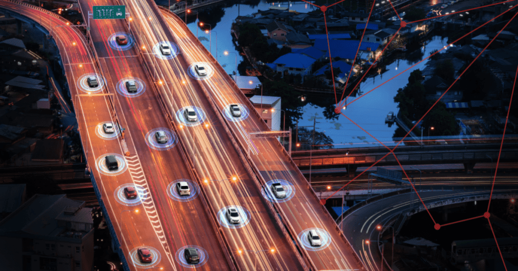 Cars on a main highway aerial view.