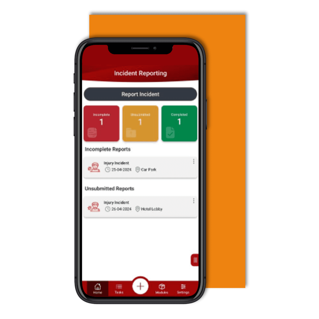 Mobile phone with a screenshot of the Accident and Incident Reporting software module in AssessNET.