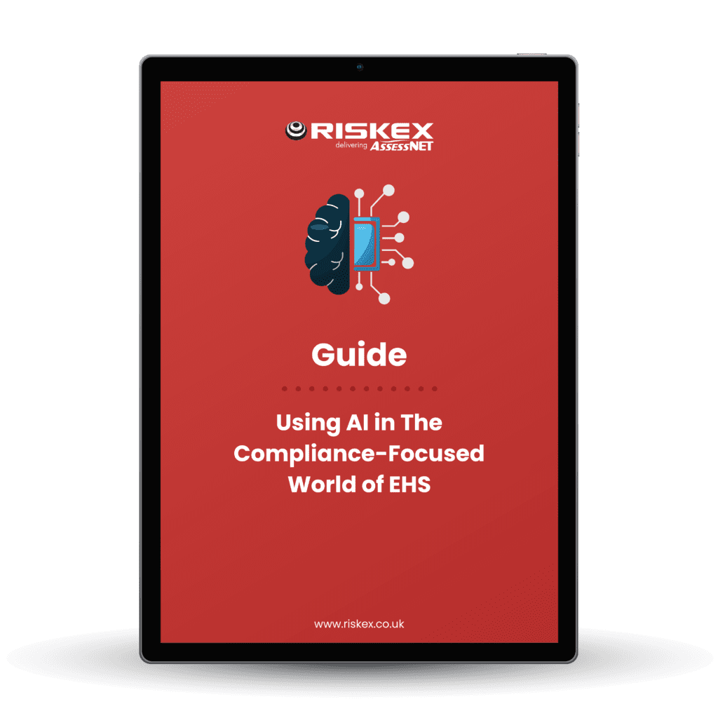 A tablet with a screenshot of the front cover of the guide for Using AI in The Compliance-Focused World of EHS.