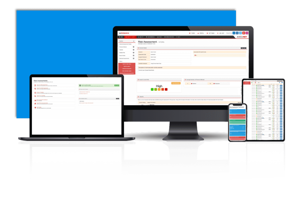 A laptop, computer, tablet and Mobile phone all with a screenshot of the Risk Assessment software module in AssessNET.