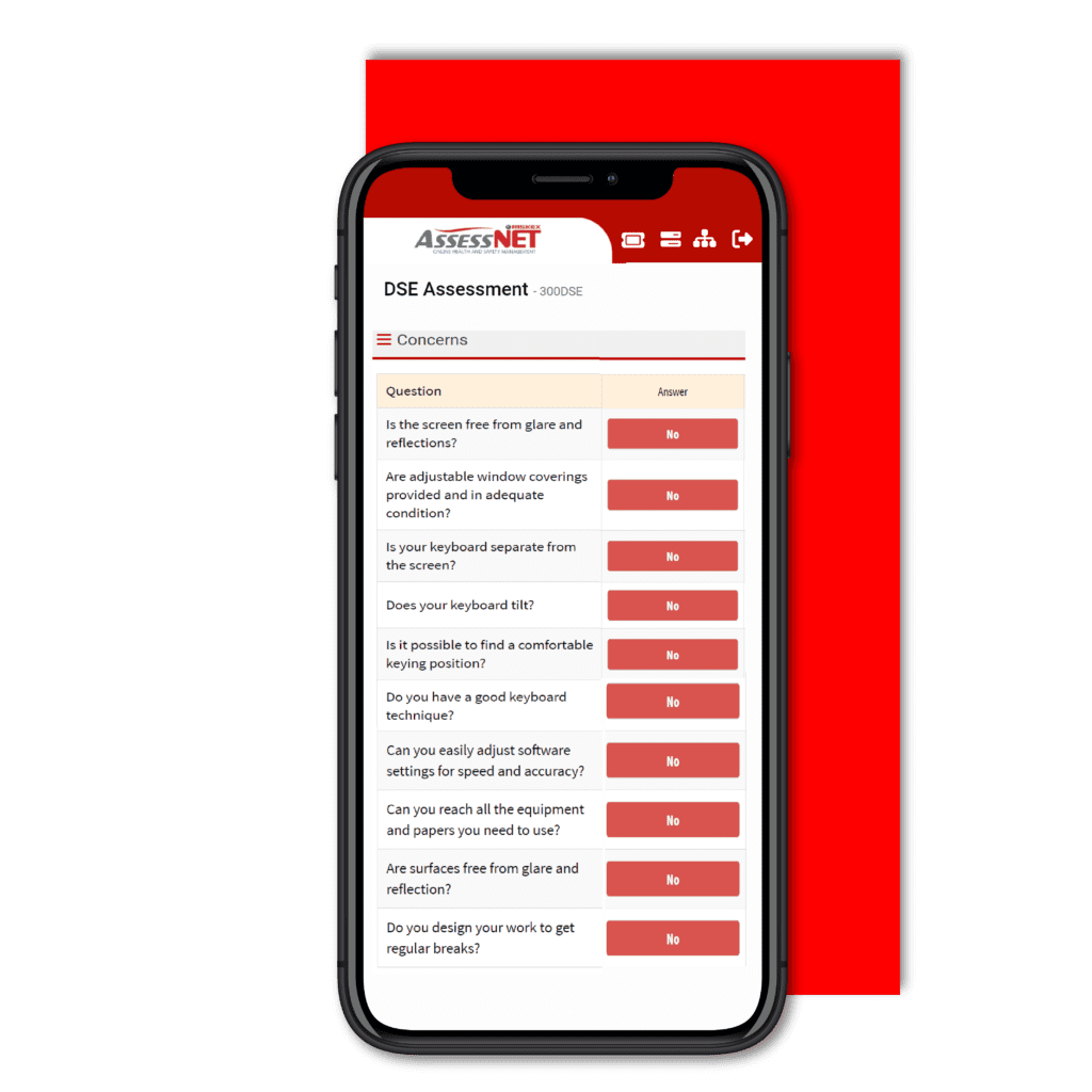 Mobile phone with a screenshot of the DSE - Display Screen Equipment software module in AssessNET.