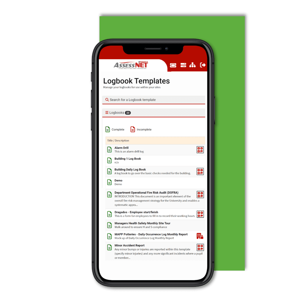 Mobile phone with a screenshot of the Logbook software module in AssessNET.