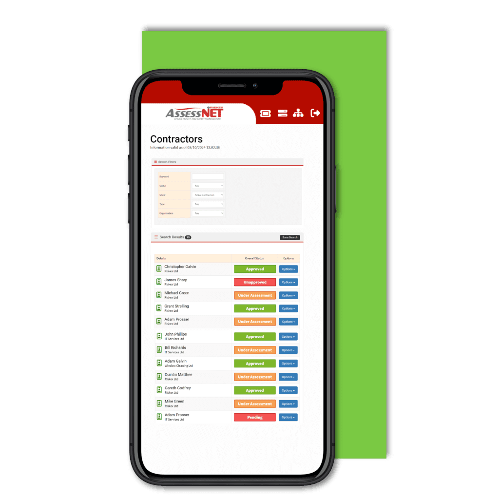 Mobile phone with a screenshot of the Contractor Management software module in AssessNET.