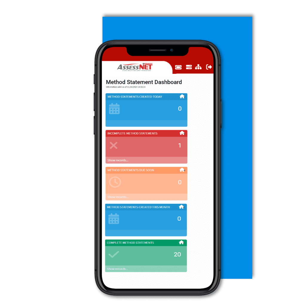 Mobile phone with a screenshot of the Method Statement software module in AssessNET.