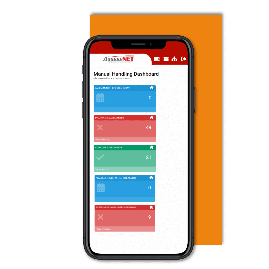 Mobile phone with a screenshot of the Manual Handling software module in AssessNET.