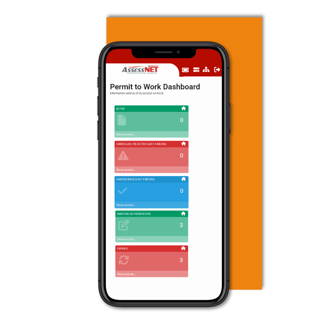 Mobile phone with a screenshot of the Permit to Work software module in AssessNET.