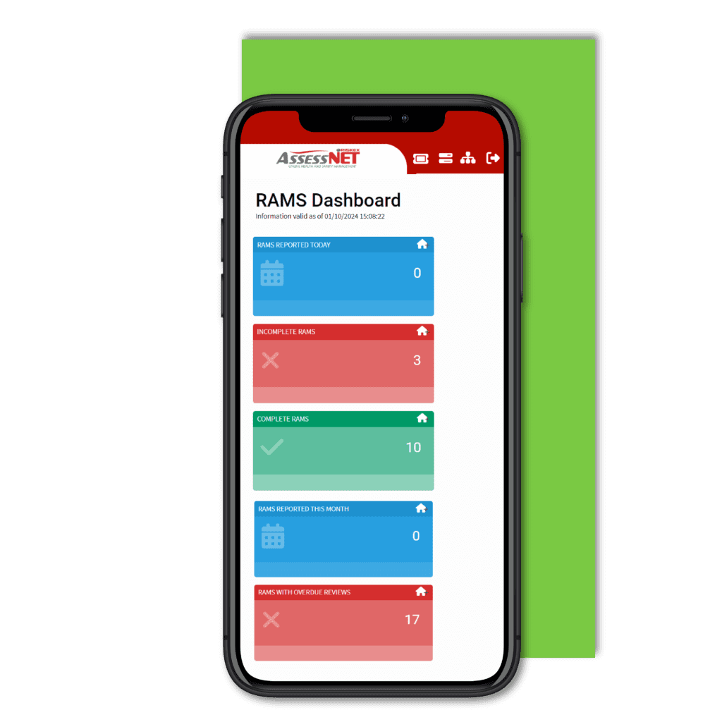 Mobile phone with a screenshot of the RAMS software module in AssessNET.