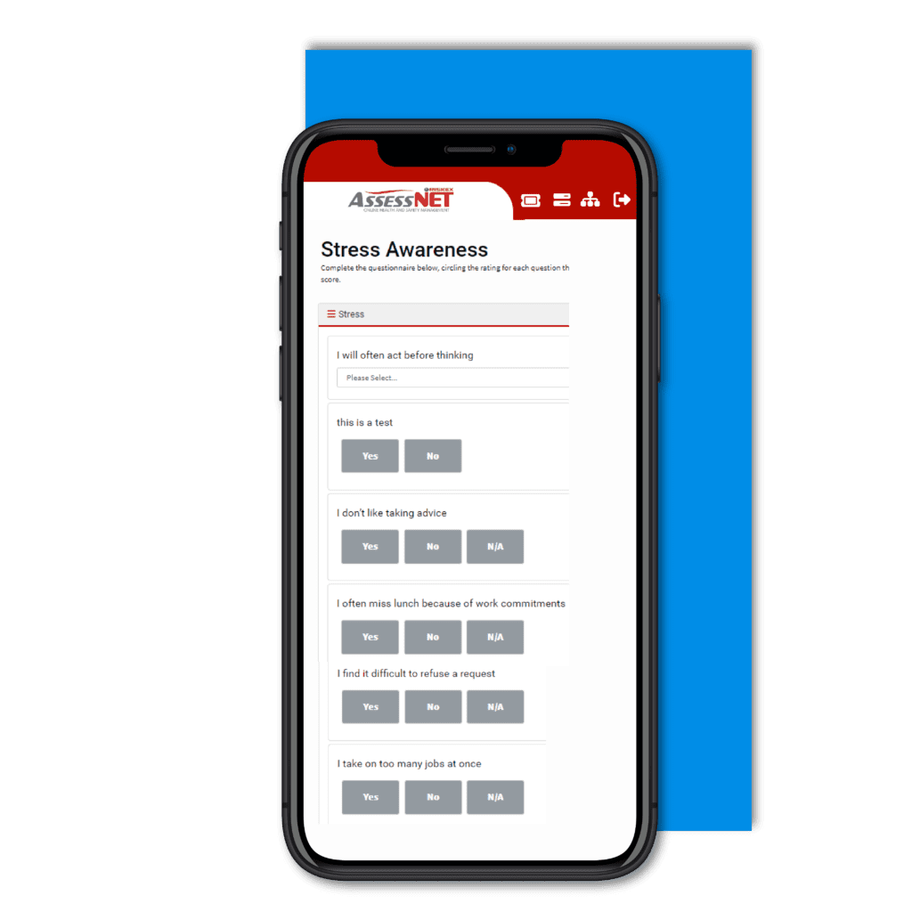 Mobile phone with a screenshot of the Self Assessment software module in AssessNET.