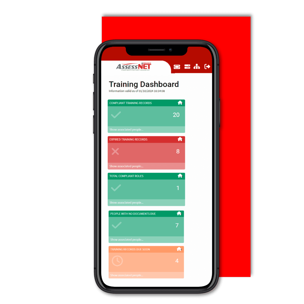 Mobile phone with a screenshot of the Training Management software module in AssessNET.