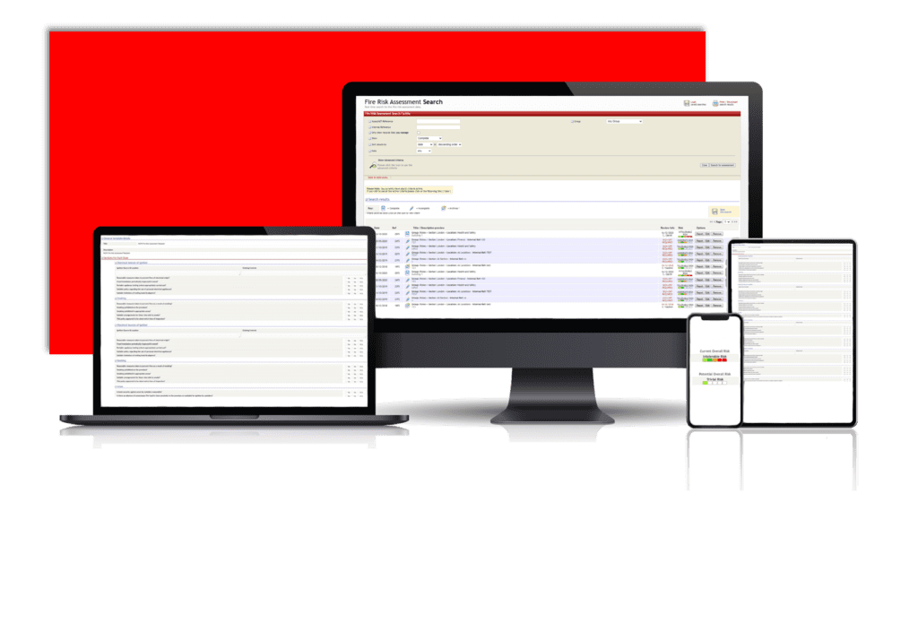 A laptop, computer, tablet and Mobile phone all with a screenshot of the Fire Risk Assessment Software module in AssessNET.