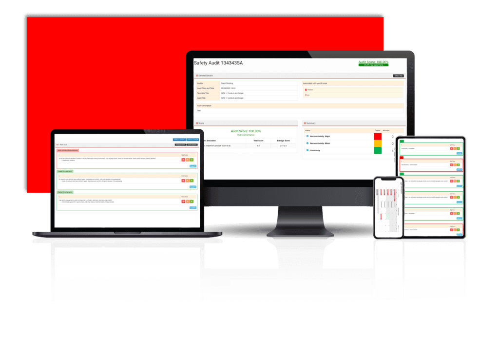 A laptop, computer, tablet and Mobile phone all with a screenshot of the Safety Audit software module in AssessNET.