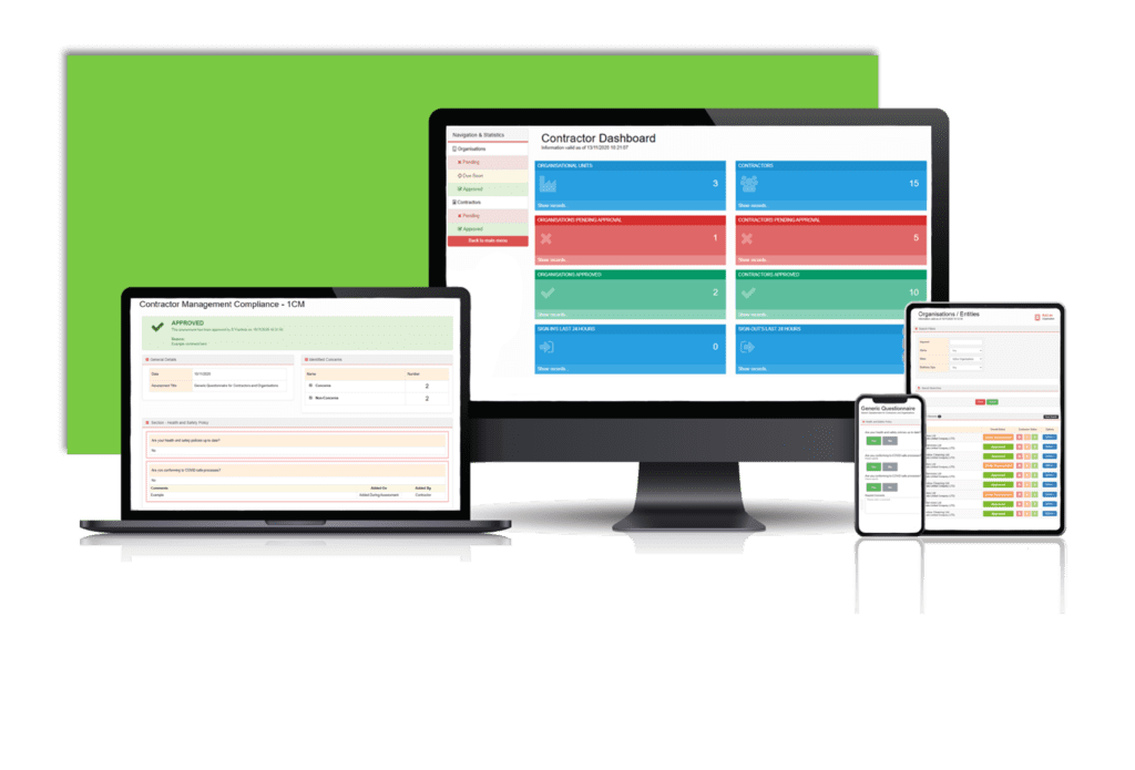 A laptop, computer, tablet and Mobile phone all with a screenshot of the Contractor Management software module in AssessNET.