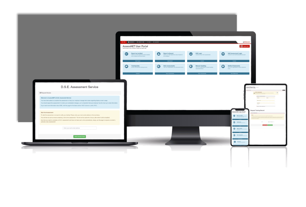 A laptop, computer, tablet and Mobile phone all with a screenshot of the Portal software in AssessNET.