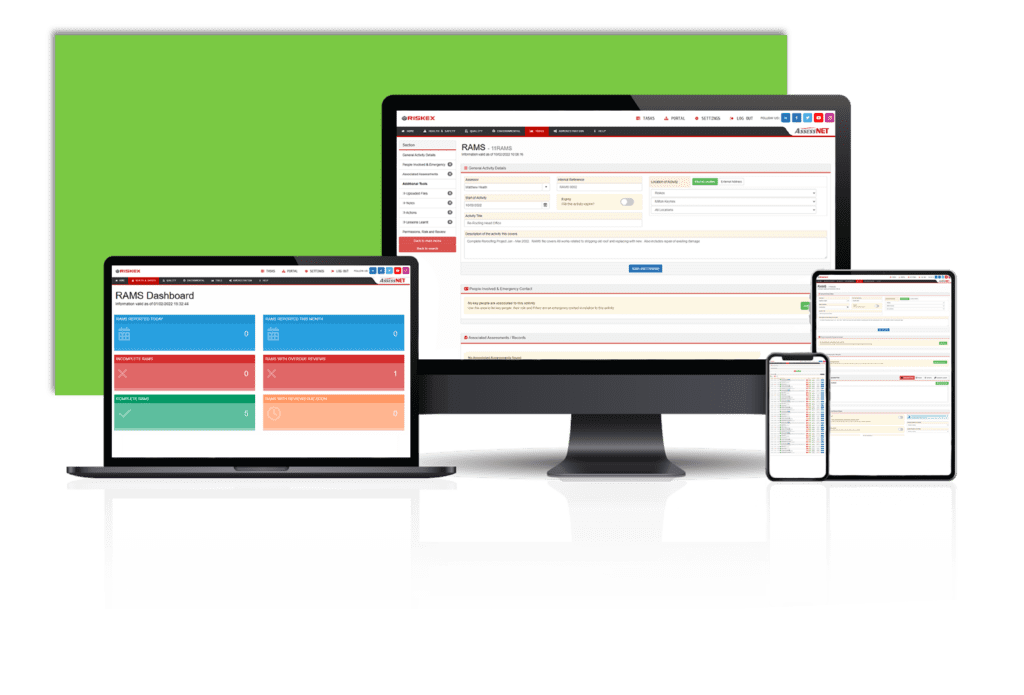 A laptop, computer, tablet and Mobile phone all with a screenshot of the RAMS software module in AssessNET.