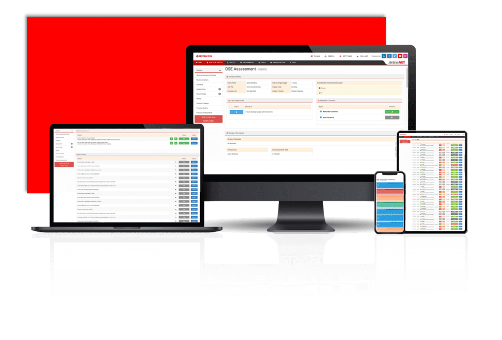 A laptop, computer, tablet and Mobile phone all with a screenshot of the DSE software module in AssessNET.