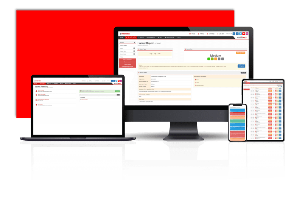 A laptop, computer, tablet and Mobile phone all with a screenshot of the Hazard Reporting software module in AssessNET.