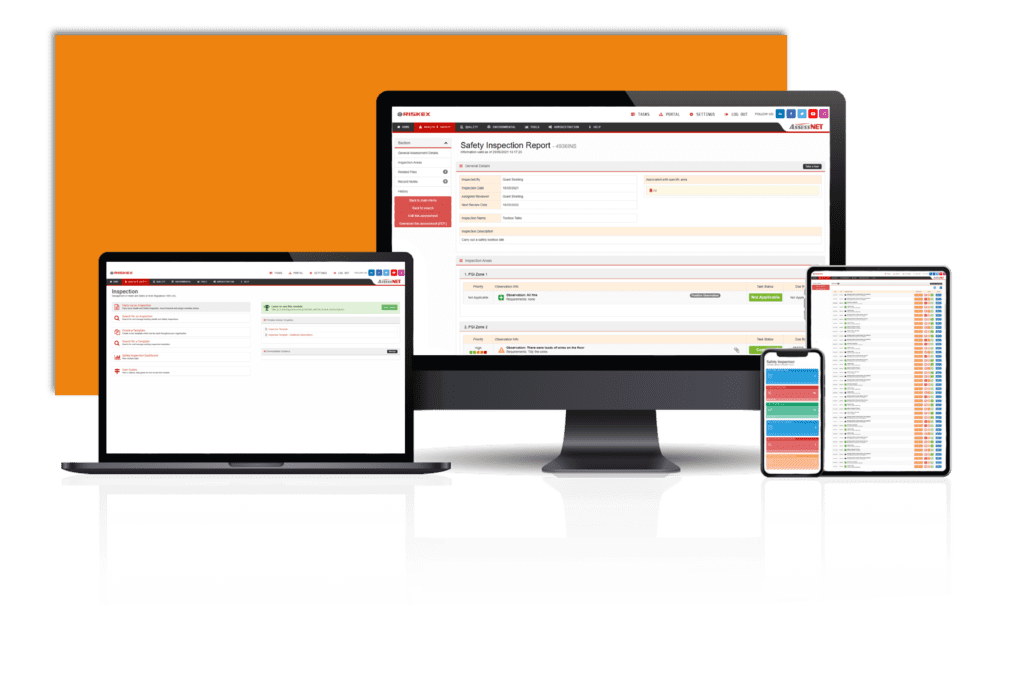 A laptop, computer, tablet and Mobile phone all with a screenshot of the Safety Inspection software module in AssessNET.