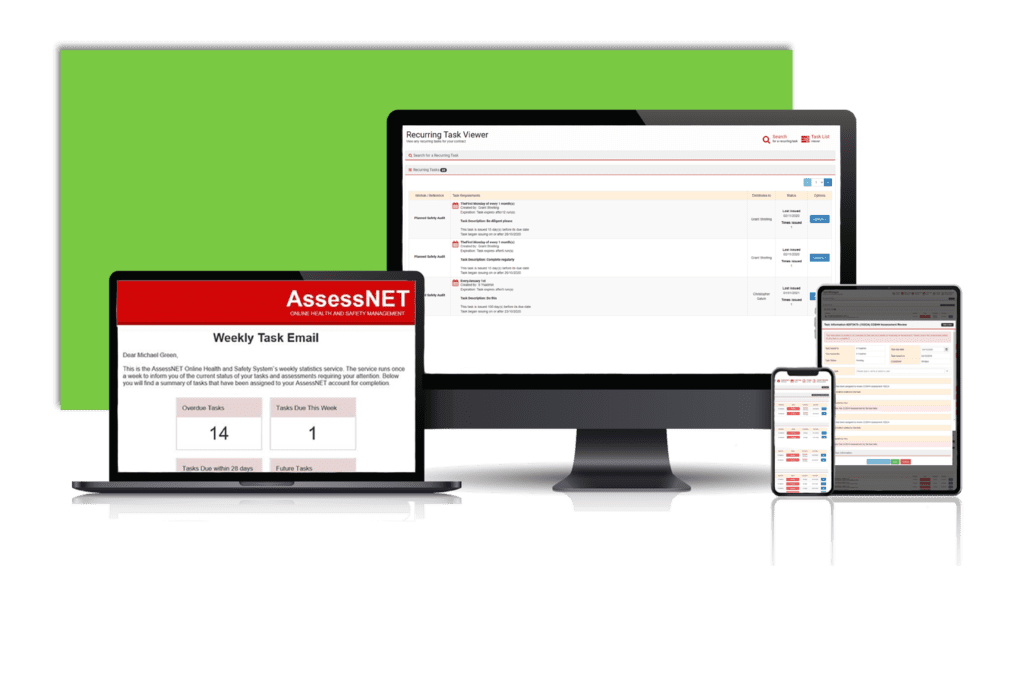 A laptop, computer, tablet and Mobile phone all with a screenshot of the Task manager software in AssessNET.