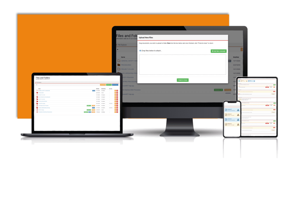 A laptop, computer, tablet and Mobile phone all with a screenshot of the Document Manager software in AssessNET.