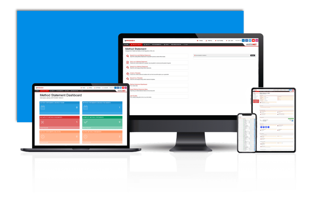 A laptop, computer, tablet and Mobile phone all with a screenshot of the Method Statement software module in AssessNET.