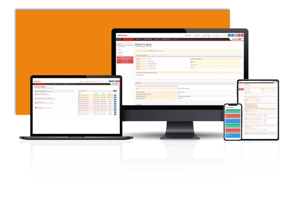 A laptop, computer, tablet and Mobile phone all with a screenshot of the Permit to Work software module in AssessNET.