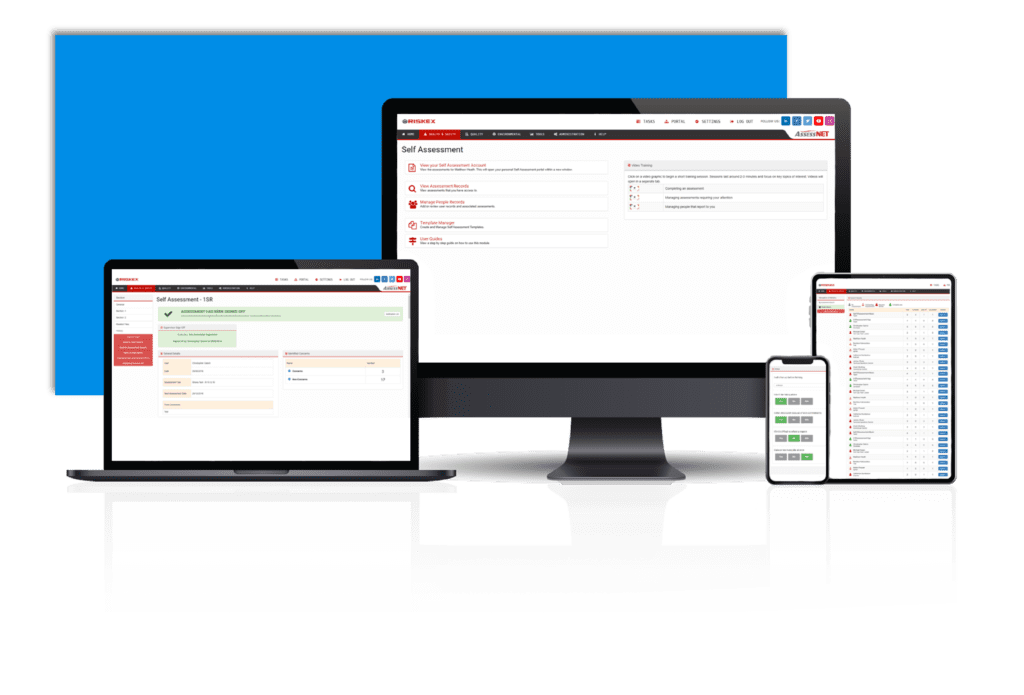 A laptop, computer, tablet and Mobile phone all with a screenshot of the Self Assessment software module in AssessNET.