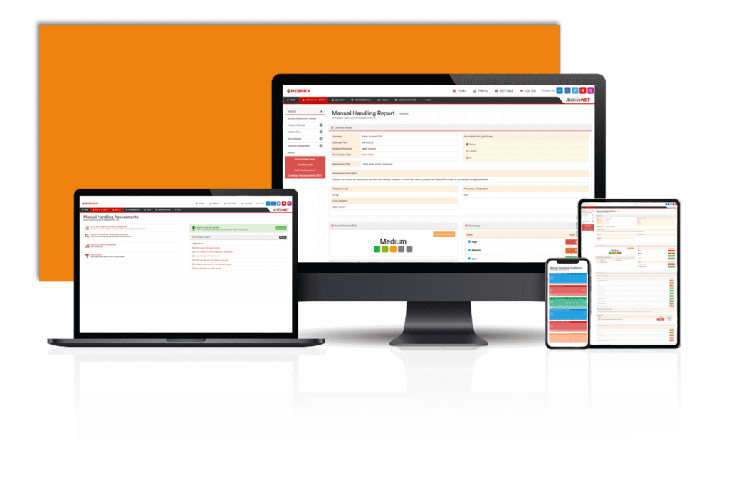 A laptop, computer, tablet and Mobile phone all with a screenshot of the Manual Handling software module in AssessNET.