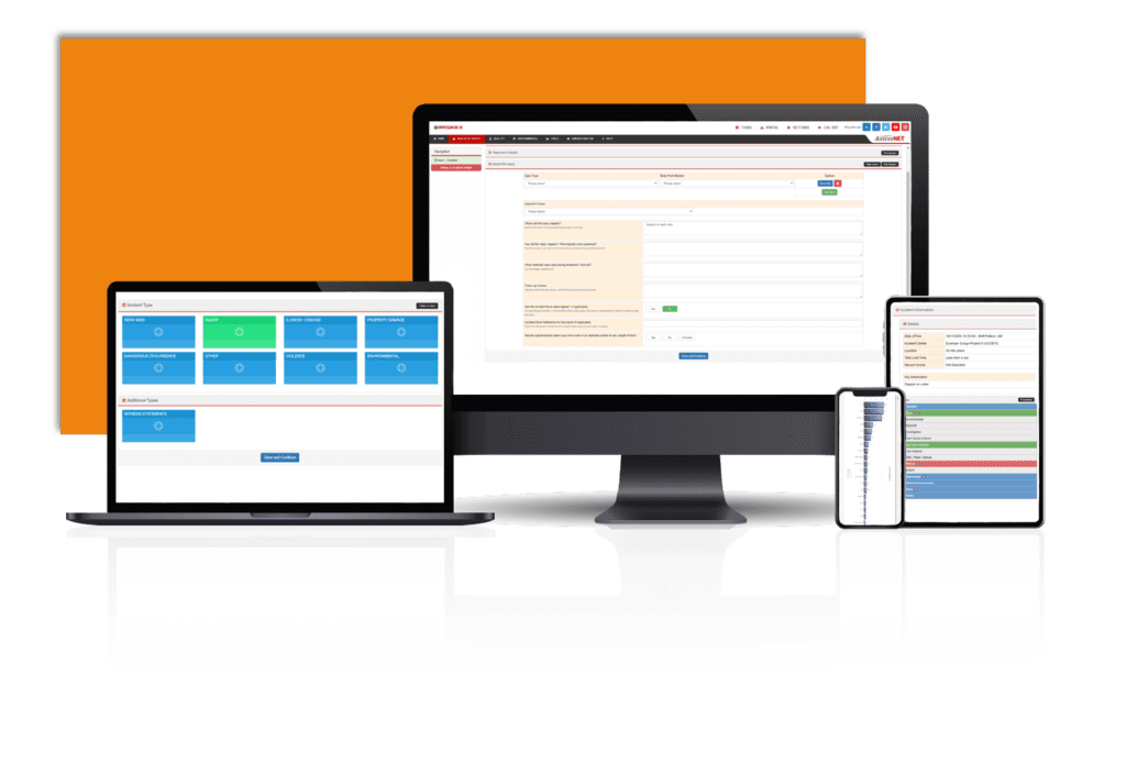 A laptop, computer, tablet and Mobile phone all with a screenshot of the Accident and Incident Reporting software module in AssessNET.