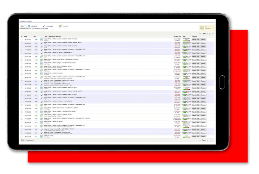 A tablet with a screenshot of the Fire Risk Assessment software module in AssessNET.